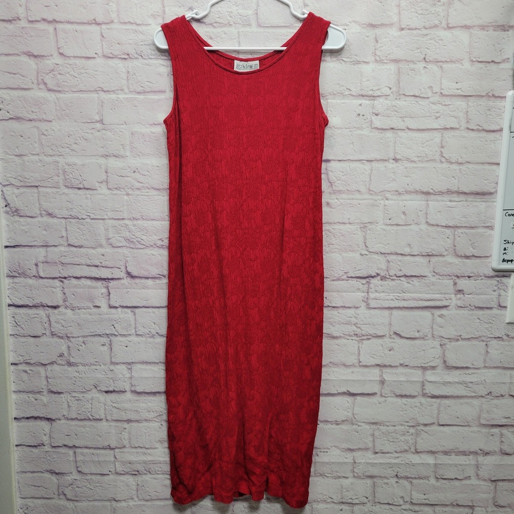 VTG 90s Just In Thyme Red Matelasse Midi Dress Sz 16 Retro Red Tomato Resortwear